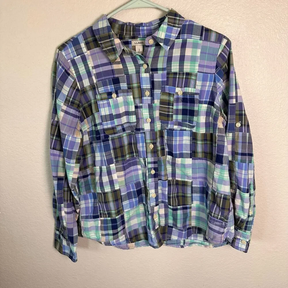 L.L. Bean Plaid Patchwork Button Down Shirt Small Petite Blue Purple 100% Cotton - Picture 2 of 8